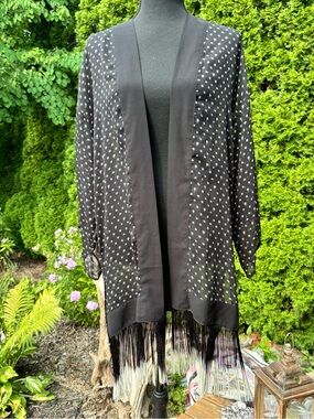 Express Black and White Polka Dot Fringe Open-Front Cardigan